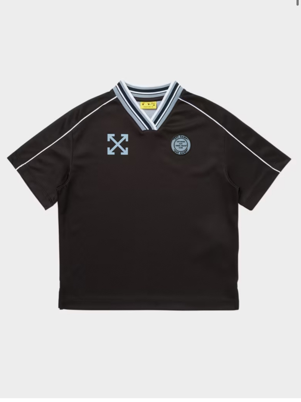 Off-White Kids Black V-Neck Soccer Tee with Light Blue Logo